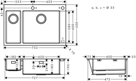 Кухонная мойка hansgrohe S71 S712-F655 врезная, с двумя чашами 180/450 43310800, нержавеющая сталь