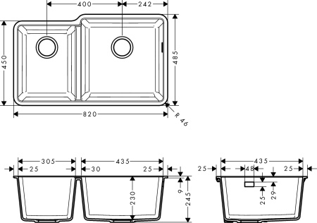 Кухонная мойка hansgrohe S51 S510-U760 интегрированная, с двумя чашами 305/435 43436290, серый камень