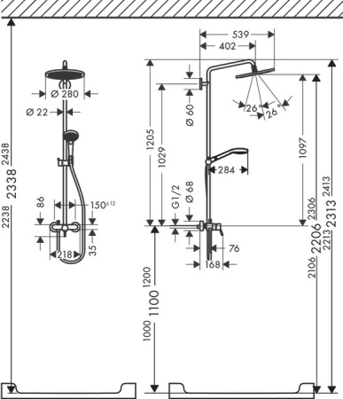 Душевая система hansgrohe Croma Select S 280 1jet со смесителем для душа 26791000, хром