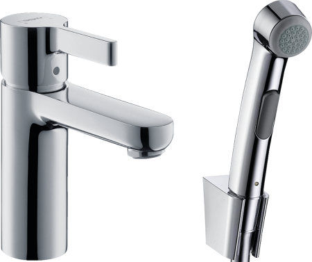Смеситель для раковины hansgrohe Metris S 90 без сливного гарнитура, с гигиеническим душем 31160000, хром