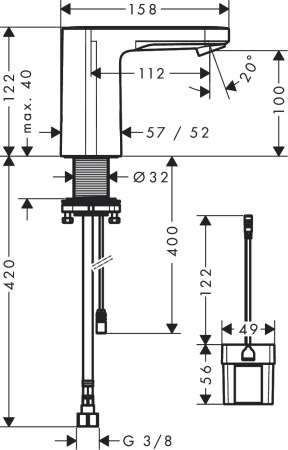 Смеситель для раковины hansgrohe Vernis Blend 100 электронный, с предустановленной температурой, питание от батареи 6V 71503000, хром
