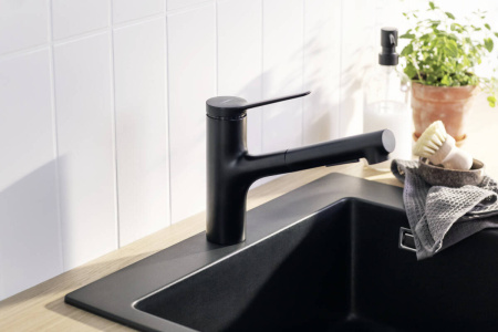 Смеситель для кухонной мойки hansgrohe Zesis M33 150, с вытяжным душем 2jet 74800670, матовый черный