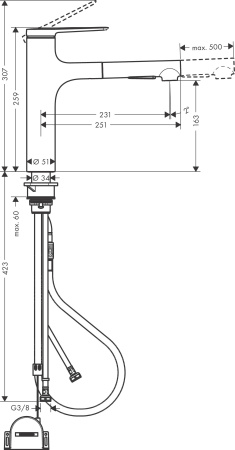 Смеситель для кухонной мойки hansgrohe Zesis M33 160, с вытяжным душем 2jet 74804000, хром