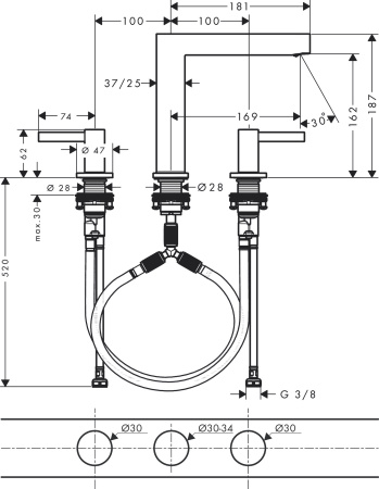Смеситель для раковины hansgrohe Finoris 160, на 3 отверстия, со сливным клапаном Push-Open 76034000, хром