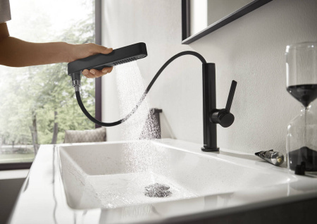 Смеситель для раковины hansgrohe Finoris 230, с вытяжным душем 2jet, со сливным клапаном Push-Open 76063670, матовый черный