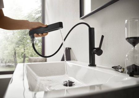 Смеситель для раковины hansgrohe Finoris 230, с вытяжным душем 2jet, со сливным клапаном Push-Open 76063670, матовый черный