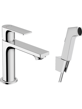 Смеситель для раковины hansgrohe Rebris E 110 без сливного гарнитура, с гигиеническим душем 72216000, хром