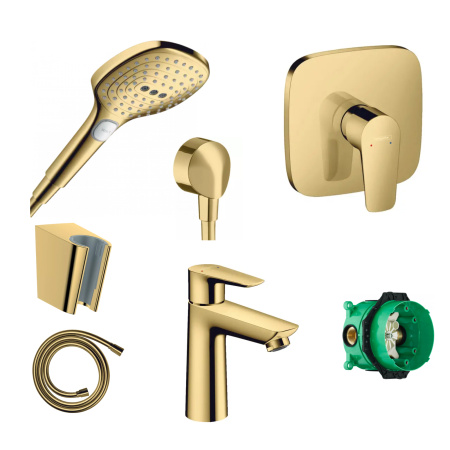 Готовый набор для душа скрытого монтажа hansgrohe Talis с ручным душем Raindance и смесителем для раковины HG-PR107, полированное золото