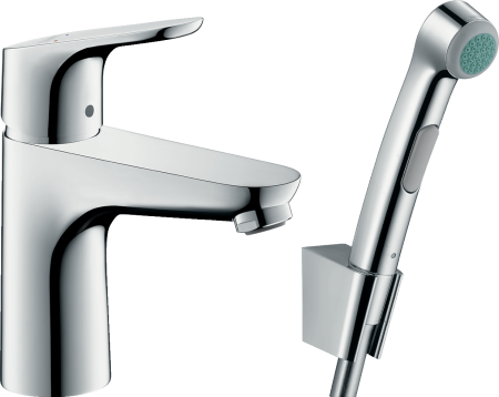 Смеситель для раковины hansgrohe Focus 100 со сливным гарнитуром и гигиеническим душем 31927000, хром