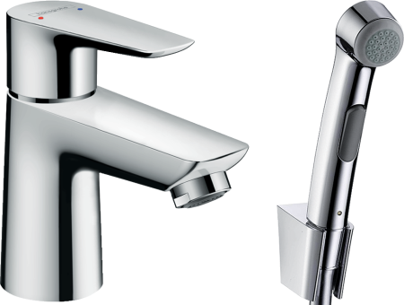 Смеситель для раковины hansgrohe Talis E со сливным гарнитуром и гигиеническим душем 71729000, хром