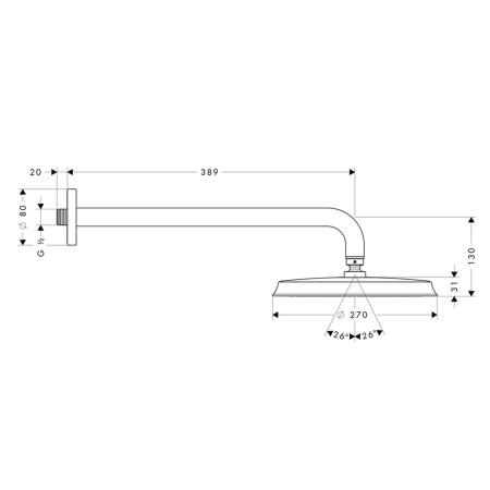 Верхний душ hansgrohe Raindance Classic 270 1jet с настенным кронштейном 27424000, хром