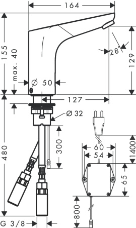 Смеситель для раковины hansgrohe Focus 130 электронный, без регулировки температуры, питание от сети 230V 31174000, хром