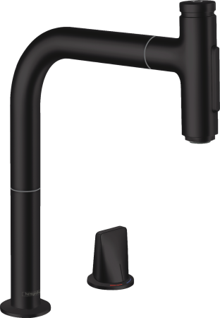 Смеситель для кухонной мойки hansgrohe Metris Select M71 200, на 2 отверстия, с вытяжным душем 2jet, sBox 73818670, матовый черный
