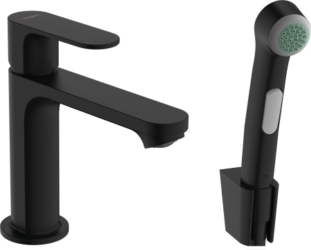 Смеситель для раковины hansgrohe Rebris S 110 без сливного гарнитура, с гигиеническим душем 72215670, матовый черный