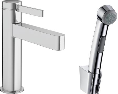 Смеситель для раковины hansgrohe Finoris 110 со сливным гарнитуром и гигиеническим душем 76210000, хром