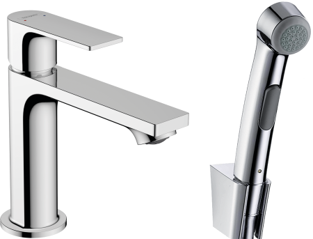 Смеситель для раковины hansgrohe Rebris E 110 без сливного гарнитура, с гигиеническим душем 72216000, хром