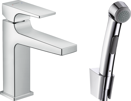 Смеситель для раковины hansgrohe Metropol 110 со сливным гарнитуром и гигиеническим душем 32522000, хром