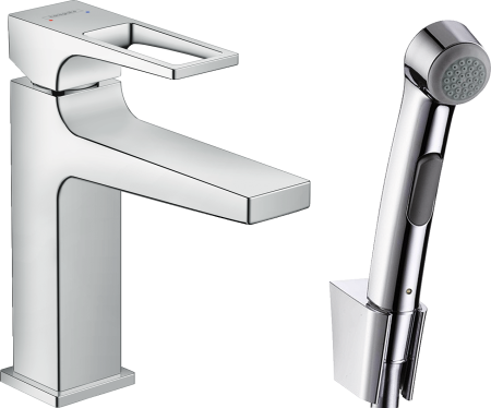 Смеситель для раковины hansgrohe Metropol 110 со сливным гарнитуром и гигиеническим душем 74522000, хром