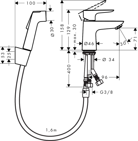 Смеситель для раковины hansgrohe Talis E со сливным гарнитуром и гигиеническим душем 71729000, хром