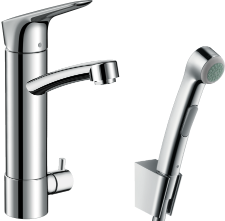 Смеситель для раковины hansgrohe Logis 190 с поворотным изливом, с гигиеническим душем и запорным вентилем 31515000, хром